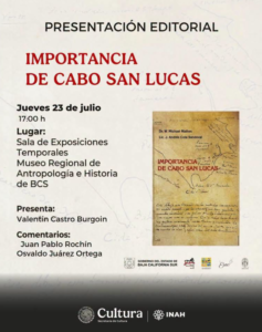 Importancia de cabo san lucas Poster for an editorial presentation titled Importancia de Cabo San Lucas, with date, time, venue details, and a small book-cover image on the right.