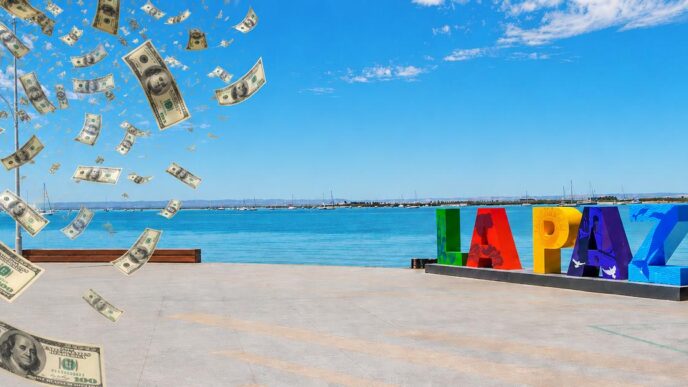 Colorful LAPAZ sign on a waterfront promenade as fake money rain falls over the scene by the blue sea and sky.