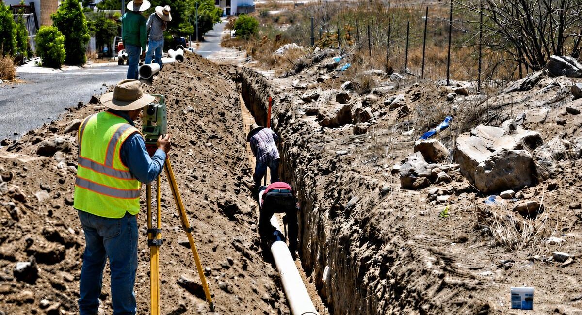 Construction crew trenching a long ditch to lay a large pipe, with a surveyor using a level nearby.