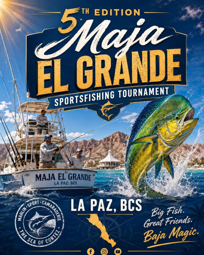 Maja-Grande - Gringo Gazette Poster for the 5th Edition Major El Grande sportsfishing tournament in La Paz, showing a boat with anglers and a large jumping marlin beside a bold title banner.
