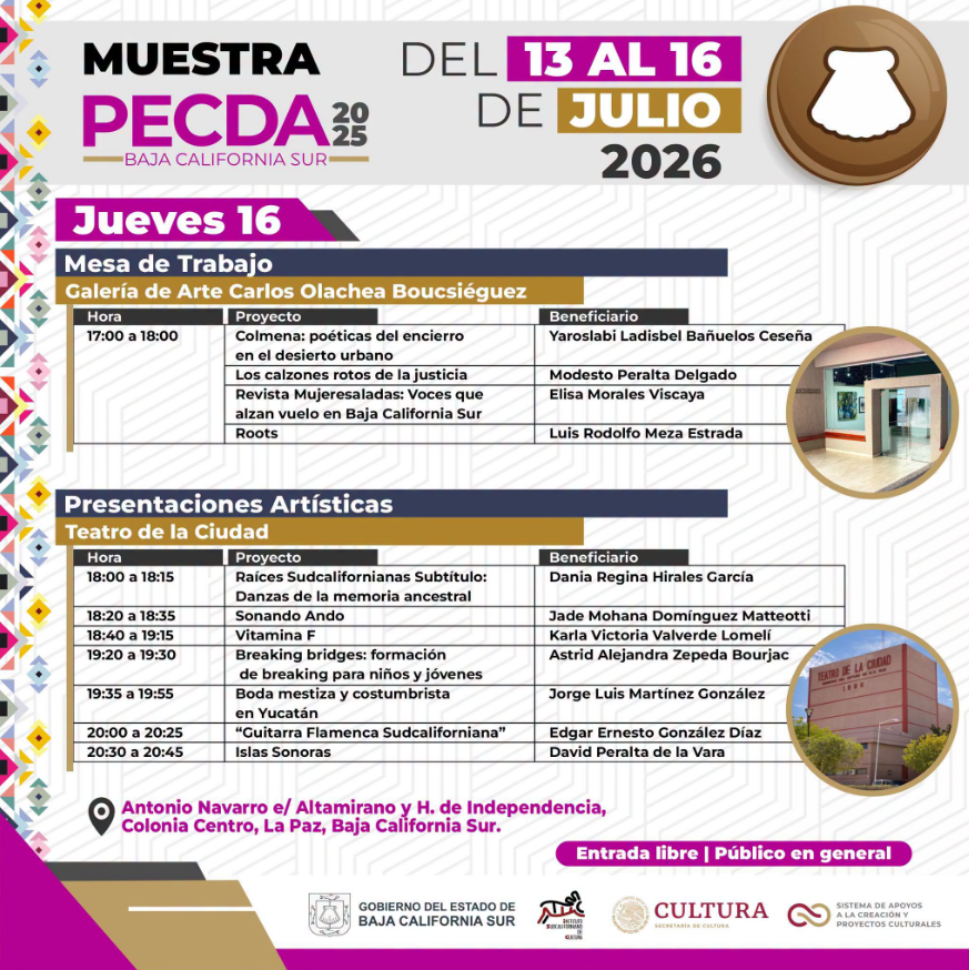 Event poster for Muestra PECDA Baja California Sur with July 13–16, 2026 dates, featuring tables for 'Mesa de Trabajo' and 'Presentaciones Artísticas' and venue photos.