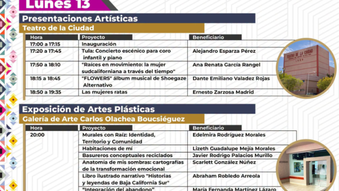 Evento cultural: cartel de la Muestra PECDA 2025-2026 en Baja California Sur, del 13 al 16 de julio de 2026, con programa del lunes 13 de presentaciones artísticas en el Teatro de la Ciudad y exposición de artes plásticas en la Galería Carlos Olachea Bouciéguez, mostrando horarios, proyectos y beneficiarios, y fotos circulares de edificios.