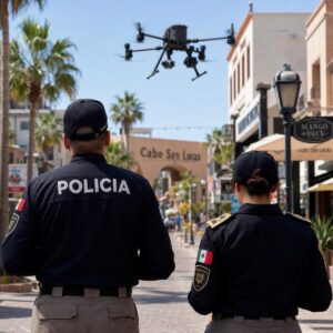 Two police officers stand with backs to the camera as a drone flies over a sunny street in Cabo San Lucas.