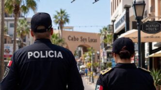 Two police officers stand with backs to the camera as a drone flies over a sunny street in Cabo San Lucas.