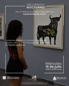 Recorrido Nocturno Poster for 'Recorrido Nocturno' inviting night museum tours; shows a person viewing a framed artwork (bull painting) with date y hora: Miércoles 15 de julio, 19:00 a 20:00 horas.