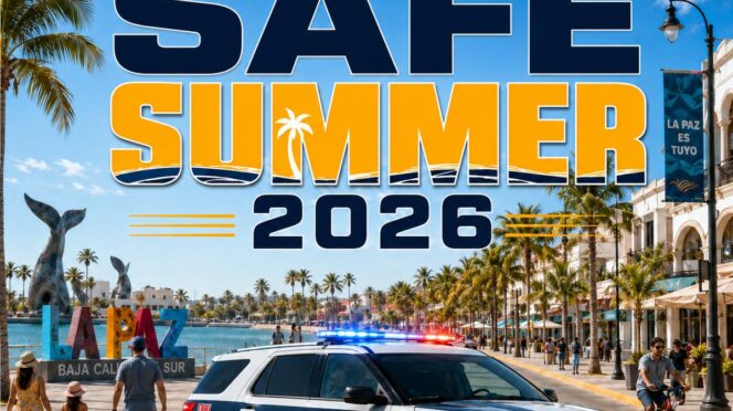 Promotional poster for 'Operation Safe Summer 2026' by La Paz Municipal Police, showing a police SUV on a sunny beachfront promenade with palm trees and crowds in the background.
