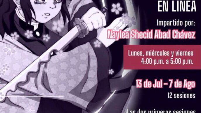 Poster advertising online beginner anime and manga drawing workshop led by Naylea Shecid Abad Chávez.