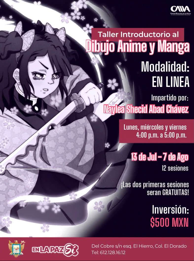 Poster advertising online beginner anime and manga drawing workshop led by Naylea Shecid Abad Chávez.