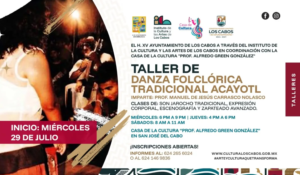 Taller danza folclorica Poster promoting a traditional folkloric dance workshop with schedule and contact details in Spanish.