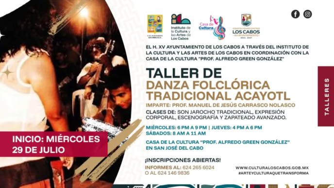 Poster promoting a traditional folkloric dance workshop with schedule and contact details in Spanish.