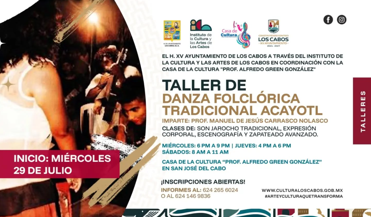 Poster promoting a traditional folkloric dance workshop with schedule and contact details in Spanish.