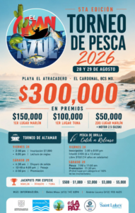 Torneo de pesca cardonal Poster for the 5th edition of the Torneo de Pesca 2026, highlighting prizes of $150,000 first marlin, $100,000 first tuna, and $50,000 second marlin plus motor; event on August 28–29 at Playa El Atracadero, El Cardenal, BCS MX.