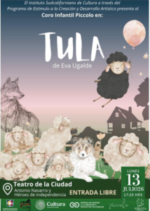 Tula Cartel anunciando un concierto infantil: coros y ovejas dibujadas frente a una casa, con luna y globo; texto 'Tul a de Eva Ugalde' y 'Entrada libre' en Teatro de la Ciudad.