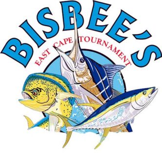 Tournament logo with three colorful game fish (tuna, dorado, and marlin) circling a blue ring and the words 'East Cape Tournament'
