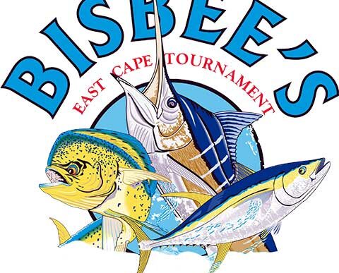 Tournament logo with three colorful game fish (tuna, dorado, and marlin) circling a blue ring and the words 'East Cape Tournament'