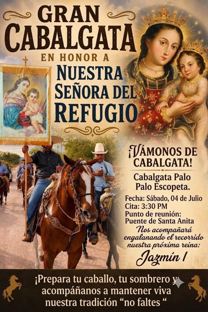cabalgata - Gringo Gazette Poster for Gran Cabalgata en honor a Nuestra Señora del Refugio, showing the crowned Virgin and child with riders on horseback.