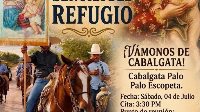 Poster for Gran Cabalgata en honor a Nuestra Señora del Refugio, showing the crowned Virgin and child with riders on horseback.