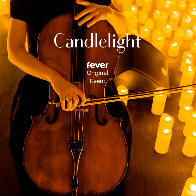 Candlelight concert poster featuring a cellist playing a cello among glowing candles in warm light.