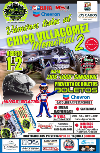 Event poster for Chico Villagómez Memorial race, Aug 1–2, with a speeding race car, driver, ticket info and sponsor logos 치