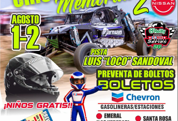 Event poster for Chico Villagómez Memorial race, Aug 1–2, with a speeding race car, driver, ticket info and sponsor logos 치
