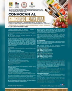 concurso de pintura Poster announcing 'Convocan al Concurso de Pintura' for amateur and semi-professional painters in Los Cabos, with paint brushes and color swatches on the right and official logos at the top.