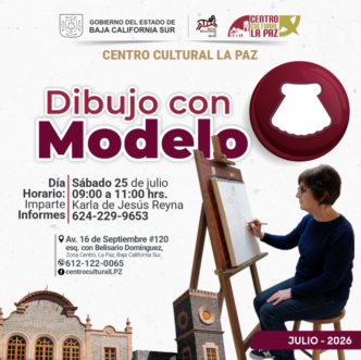 Poster promoting 'Dibujo con Modelo' at Centro Cultural La Paz; a woman sketches at an easel beside a large circular logo.