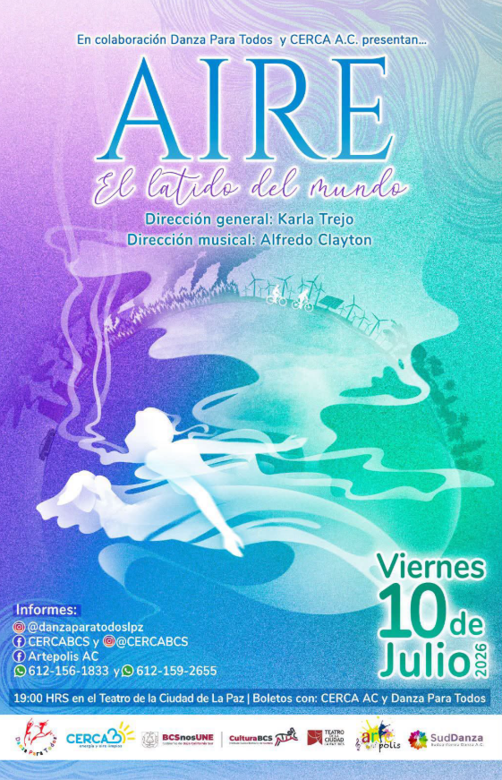 Poster announcing the dance show 'AIRE: el latido del mundo' with a gradient blue-purple background and a dancing figure, listing directors and event details. Friday, July 10, 2026 at 7:00 PM at Teatro de la Ciudad de La Paz.