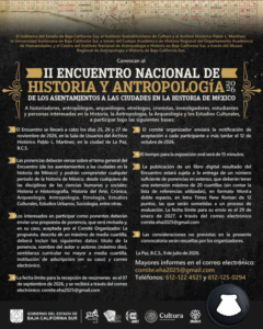 encuentro nacional de historia Poster announcing the II National Meeting of History and Anthropology 2026 in La Paz, Baja California Sur; includes dates, participation rules, and contact info (comite.eha2025@gmail.com).