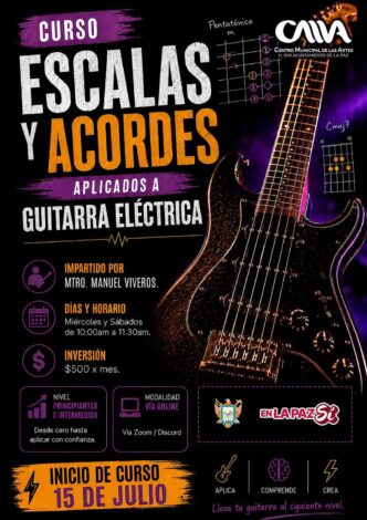 Poster promoting an online electric guitar course: 'Curso Escalas y Acordes' with instructor Manuel Viveros; classes Wednesdays and Saturdays 10:00–11:30am; $500/month; via Zoom/Discord; starts July 15.