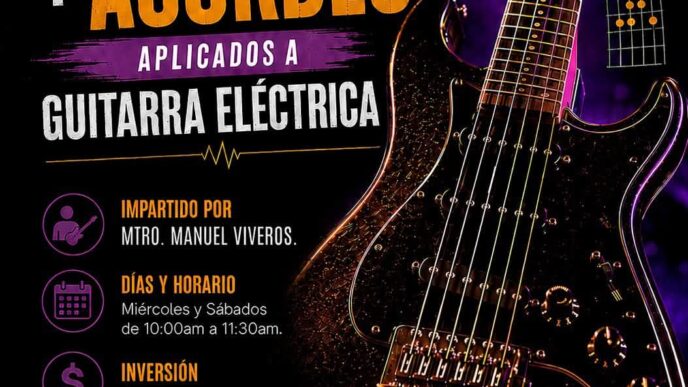 Poster promoting an online electric guitar course: 'Curso Escalas y Acordes' with instructor Manuel Viveros; classes Wednesdays and Saturdays 10:00–11:30am; $500/month; via Zoom/Discord; starts July 15.