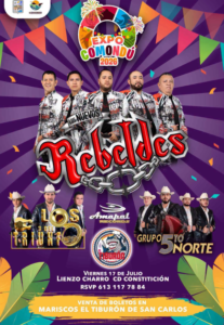 expo comondu 2026 Expo Comondu 2026 poster promoting a regional music event with multiple performer's photos, colorful geometric backdrop, and festival logos.