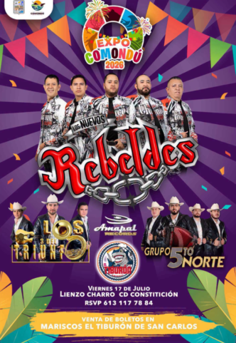 Expo Comondu 2026 poster promoting a regional music event with multiple performer's photos, colorful geometric backdrop, and festival logos.