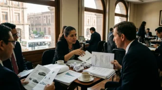Business professionals in suits discuss a document across a table covered with reports and coffee cups in a bright cafe-like office setting for a meeting context.
