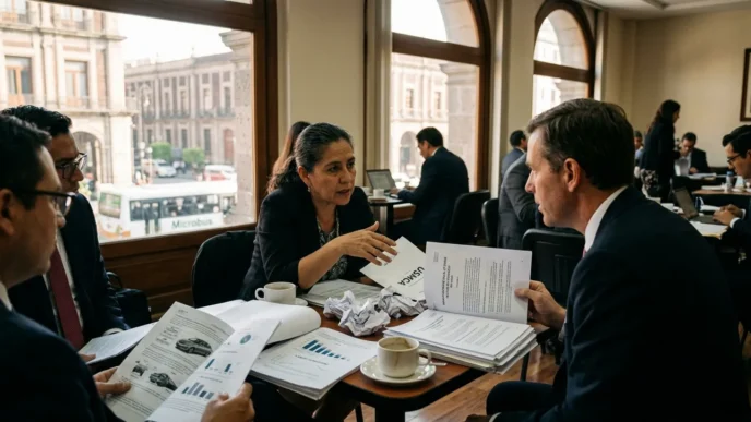 Business professionals in suits discuss a document across a table covered with reports and coffee cups in a bright cafe-like office setting for a meeting context.