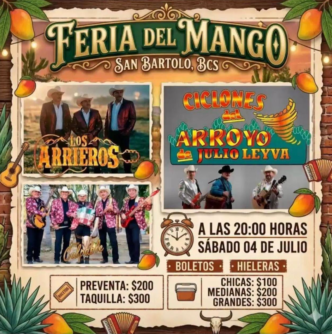 Event poster for Feria del Mango in San Bartolo, showing band photos and date/time with ticket prices.
