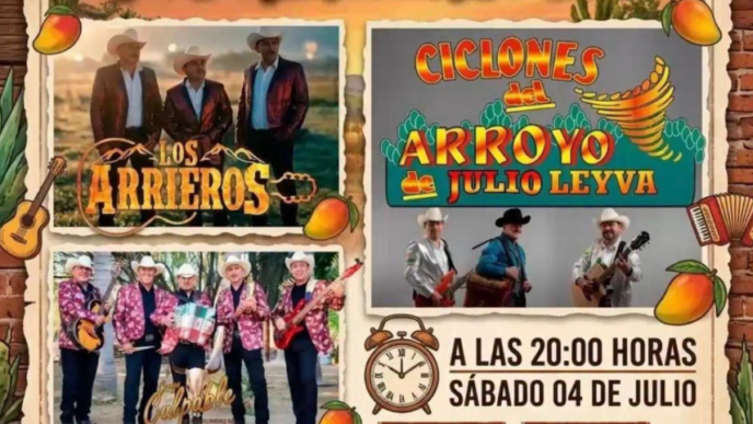 Event poster for Feria del Mango in San Bartolo, showing band photos and date/time with ticket prices.