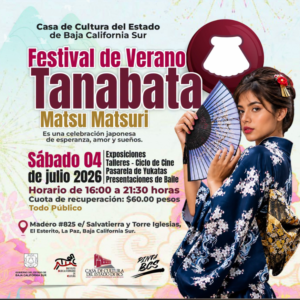 festival de verana tanabata Poster for Festival de Verano Tanabata Matsuri, featuring a woman in a kimono and bold Spanish event title against a colorful background.