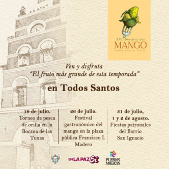 Poster announcing Mango Festival in Todos Santos with dates and events in July and August 2024+ surrounding logos at bottom.