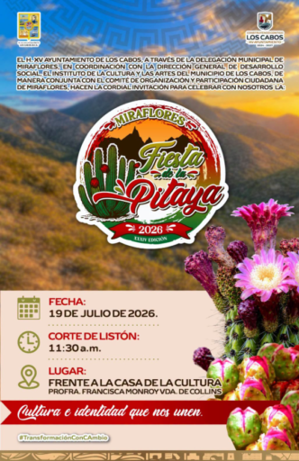 Poster del evento 'Fiesta de la Pitaya' 2026 en Miraflores, con cactus y flores en primer plano y logotipos oficiales en la parte superior izquierda y derecha.