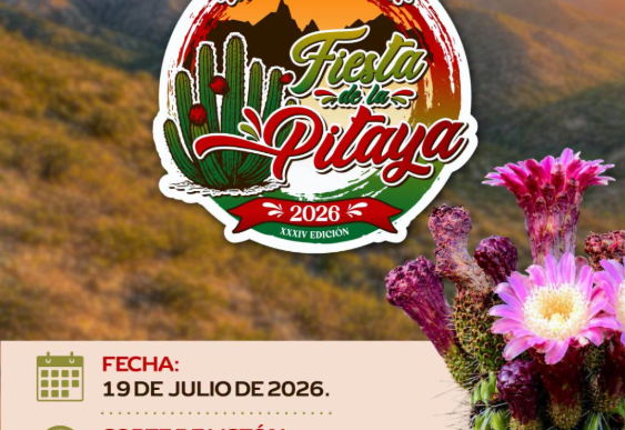 Poster del evento 'Fiesta de la Pitaya' 2026 en Miraflores, con cactus y flores en primer plano y logotipos oficiales en la parte superior izquierda y derecha.