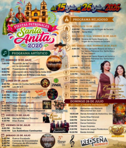 fiestas santa anita Colorful festival poster for Santa Anita 2026 with dates July 15–26, 2026, and a schedule of religious and artistic events (illustrations of dancers and a woman, church imagery)