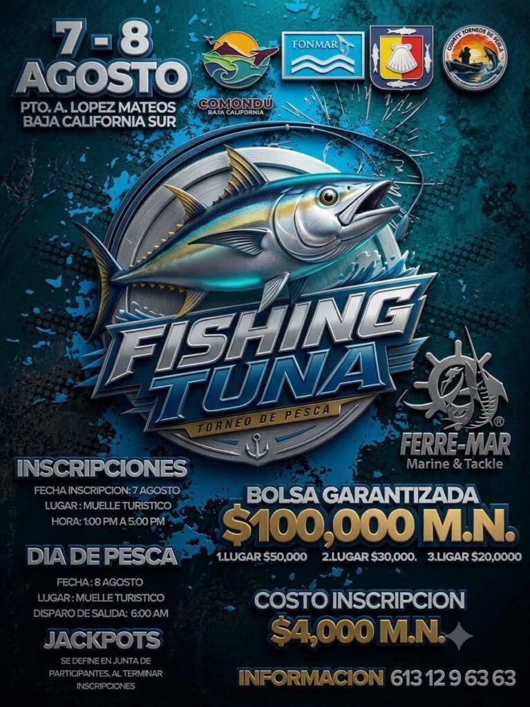Promotional poster for the Fishing Tuna fishing tournament (Aug 7–8) with a $100,000 prize and registration details.