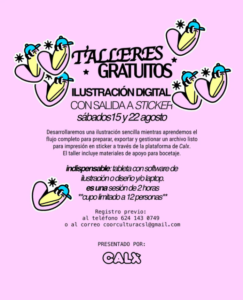 Cartel rosa anunciando talleres gratuitos de ilustración digital, con fechas 15 y 22 de agosto y opción de registro previo.