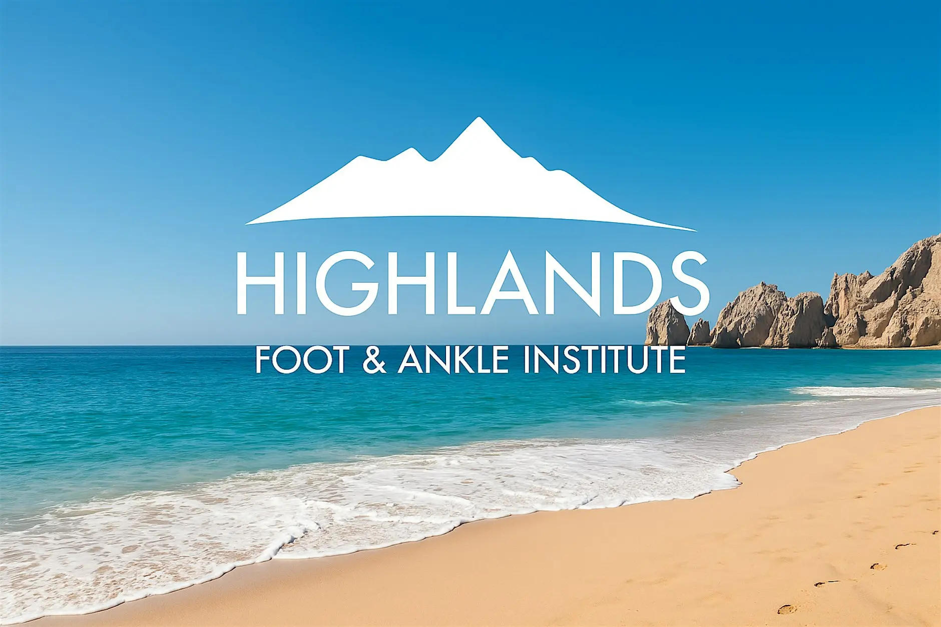 image 21 Highlands Foot & Ankle Institute logo on a tropical beach with blue sky and ocean in the background.