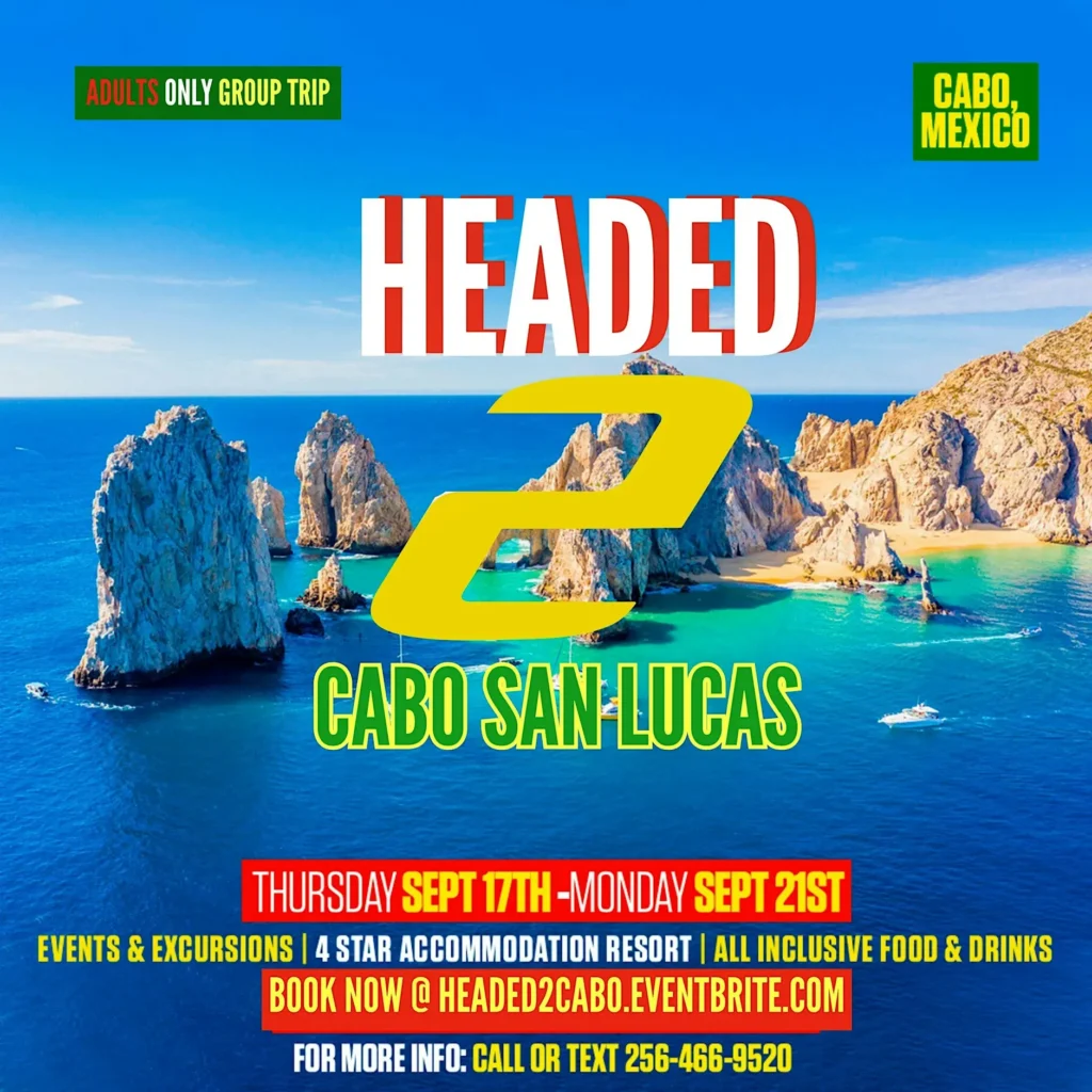 image 22 - Gringo Gazette Bright travel poster advertising an adults-only group trip to Cabo San Lucas, with bold red-and-white 'HEADED' text and a large yellow '2' over blue ocean and rocky coastline.