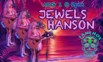 Poster for a live show: four women with guitars performing on a pink sunset beach; 'JEWELS HANSON' and a colorful skull logo.