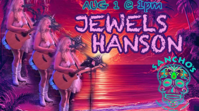 Poster for a live show: four women with guitars performing on a pink sunset beach; 'JEWELS HANSON' and a colorful skull logo.