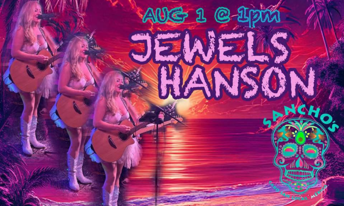 Poster for a live show: four women with guitars performing on a pink sunset beach; 'JEWELS HANSON' and a colorful skull logo.