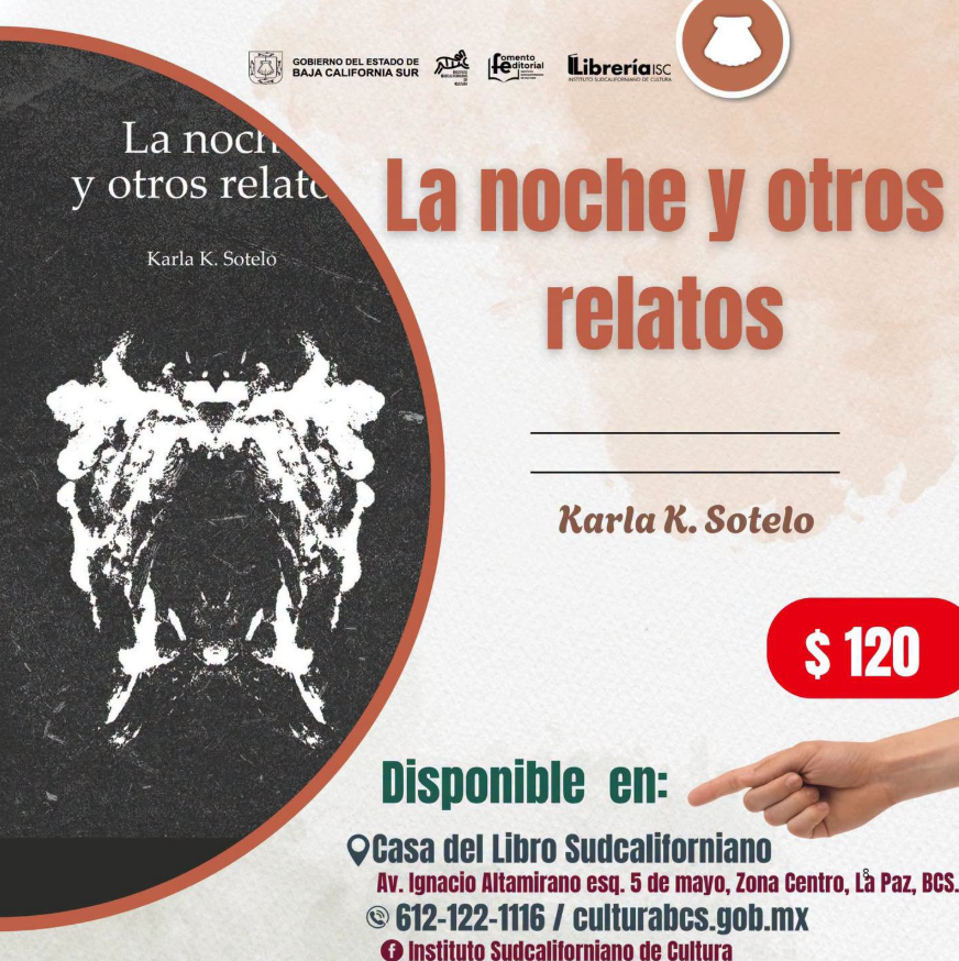 Poster for 'La noche y otros relatos' by Karla K. Sotelo; dark circular image on the left, large orange title, price $120, and venue details.