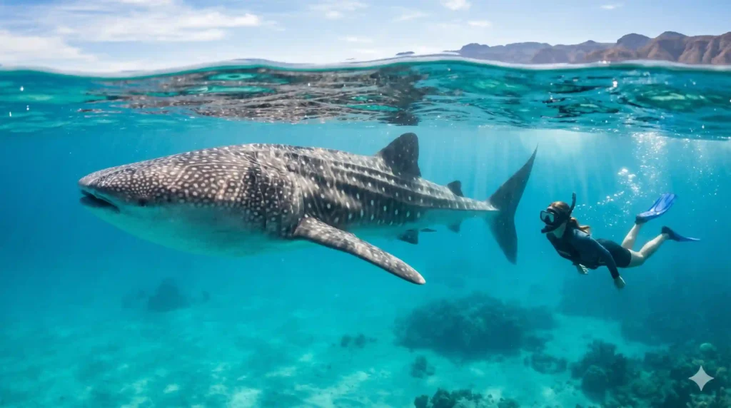Snorkeler in snorkeling gear swims beside a large spotted whale shark in crystal blue ocean, reef below, distant mountains on the horizon.